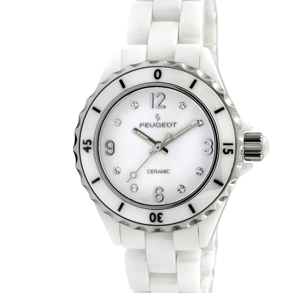 Peugeot white ceramic wrist watch sport dial with Swarovski crystal markers